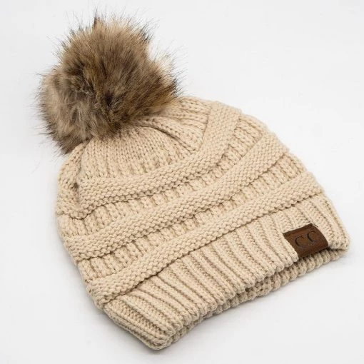 Cream Knit Pom CC Beanie