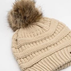 Cream Knit Pom CC Beanie