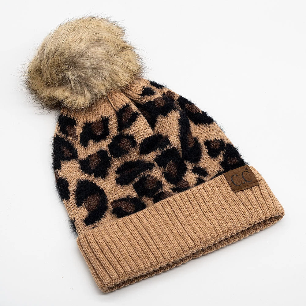 Leopard Latte Fuzz Pom CC Beanie Accessories 1 Leopard Latte Fuzz Pom CC Beanie Accessories