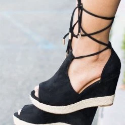 Qupid Shoes Adriana Tie-Up Peep-Toe Wedges Newest Arrivals