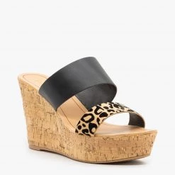 Qupid Shoes Black Leopard Cork Wedges