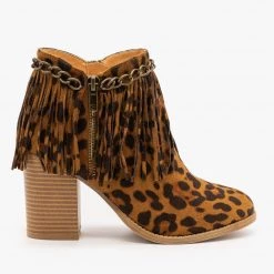 Mata Chain And Fringe Capped Leopard Booties Newest Arrivals