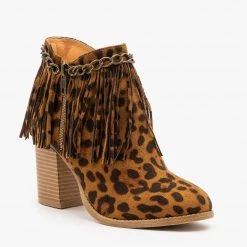 Mata Chain And Fringe Capped Leopard Booties Newest Arrivals