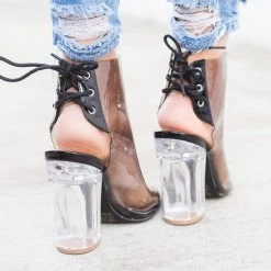 Qupid Shoes Newest Arrivals Chic Clear Heel Lace-up Booties