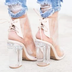 Qupid Shoes Newest Arrivals Chic Clear Heel Lace-up Booties