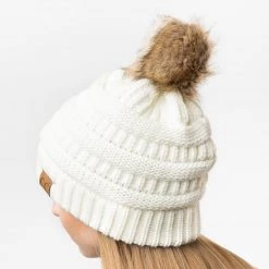 Shoetopia Ivory Chunky Knit Faux Fur Pom CC Beanie Newest Arrivals