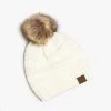 Shoetopia Ivory Chunky Knit Faux Fur Pom CC Beanie Newest Arrivals