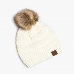 Shoetopia Ivory Chunky Knit Faux Fur Pom CC Beanie Newest Arrivals