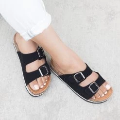 Anna Shoes Cork/Espadrille Trim Buckle Slides