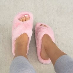 Soda Shoes Cross Fitted Fuzzy Slides