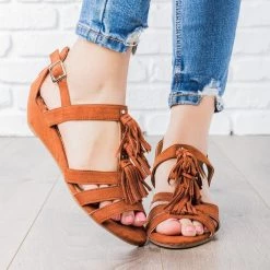 Qupid Shoes Newest Arrivals Dori Low Wedge Tassel Sandals