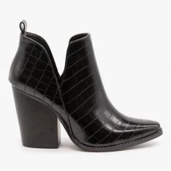 Qupid Shoes Newest Arrivals Edgy Black Crocodile Print Booties FINAL SALE