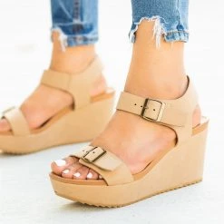 Bamboo Shoes Newest Arrivals Edgy Double Buckle Wedges
