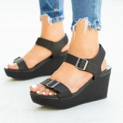 Bamboo Shoes Newest Arrivals Edgy Double Buckle Wedges