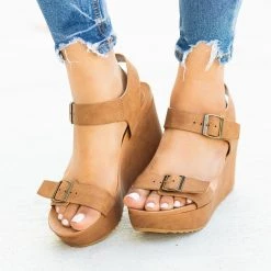 Bamboo Shoes Newest Arrivals Edgy Double Buckle Wedges