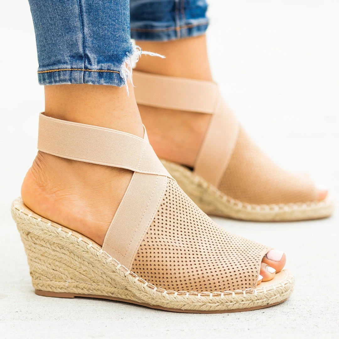Soda Shoes Elastic Strap Peep-Toe Espadrille Wedges 9 Soda Shoes Elastic Strap Peep-Toe Espadrille Wedges