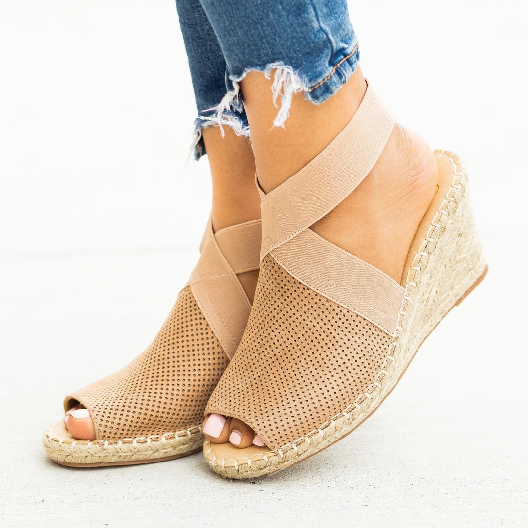 Soda Shoes Elastic Strap Peep-Toe Espadrille Wedges 7 Soda Shoes Elastic Strap Peep-Toe Espadrille Wedges