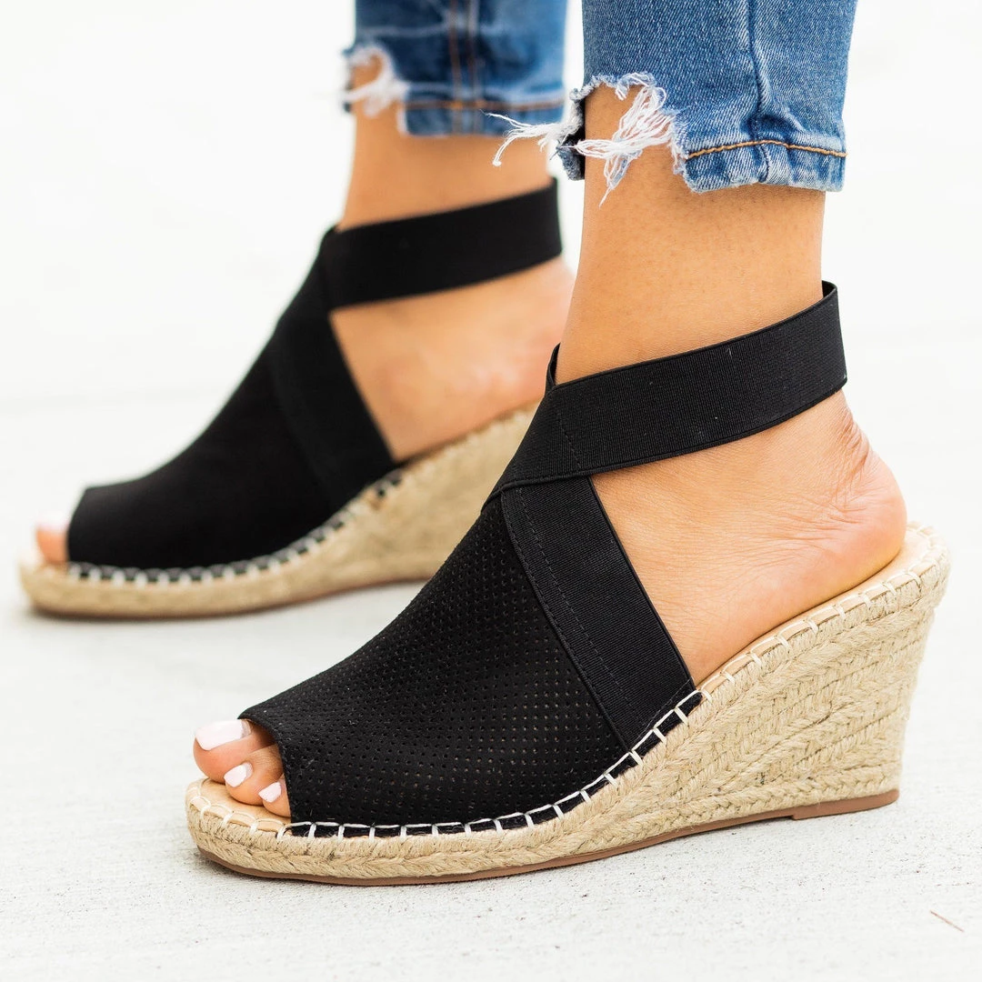 Soda Shoes Elastic Strap Peep-Toe Espadrille Wedges 8 Soda Shoes Elastic Strap Peep-Toe Espadrille Wedges