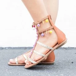 Via Pinky Embellished Pom-Pom Gladiator Sandals