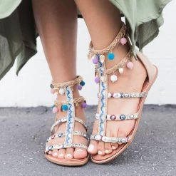 Via Pinky Embellished Pom-Pom Gladiator Sandals