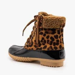 Nature Breeze Newest Arrivals Faux Shearling Leopard Print Cuff Duck Boots