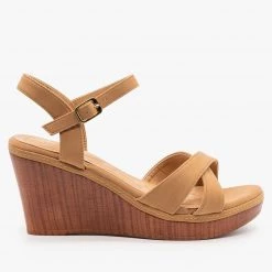 Bella Marie Faux Wood Wedge Heel Sandals Newest Arrivals