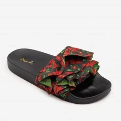 Qupid Shoes Floral Ruffled Slides