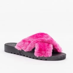 Qupid Shoes Newest Arrivals Fluffy Criss Cross Slides