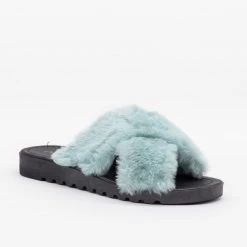 Qupid Shoes Newest Arrivals Fluffy Criss Cross Slides