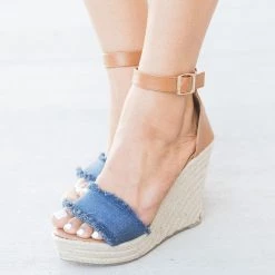 Refresh Newest Arrivals Frayed Denim Espadrille Wedges