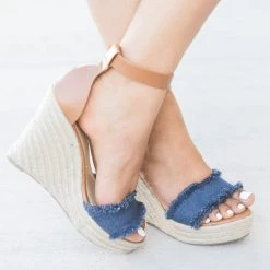 Refresh Newest Arrivals Frayed Denim Espadrille Wedges