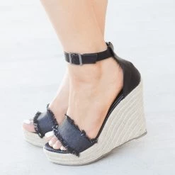 Refresh Newest Arrivals Frayed Denim Espadrille Wedges