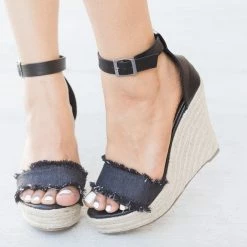 Refresh Newest Arrivals Frayed Denim Espadrille Wedges