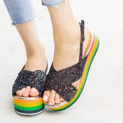 Qupid Shoes Newest Arrivals Glitter Rainbow Flatform Sandals