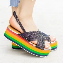 Qupid Shoes Newest Arrivals Glitter Rainbow Flatform Sandals