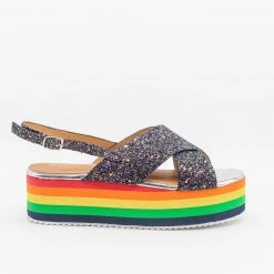 Qupid Shoes Newest Arrivals Glitter Rainbow Flatform Sandals