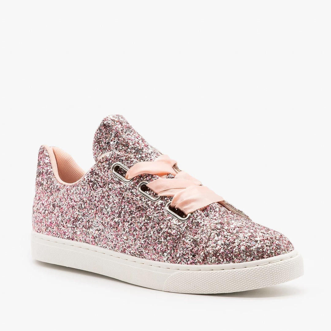 Forever Newest Arrivals Glitter Ribbon-Laced Fashion Sneakers 7 Forever Newest Arrivals Glitter Ribbon-Laced Fashion Sneakers