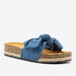 Qupid Shoes Knotted Denim Cork Slides