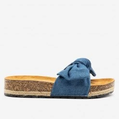 Qupid Shoes Knotted Denim Cork Slides