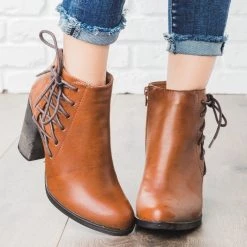 Bamboo Shoes Lace-up Chunky Heel Booties
