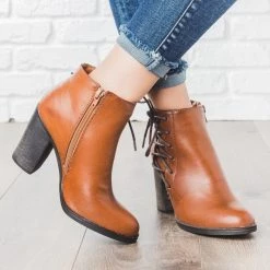 Bamboo Shoes Lace-up Chunky Heel Booties