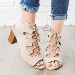 Bella Marie Lace-up Peep Toe Chunky Heels