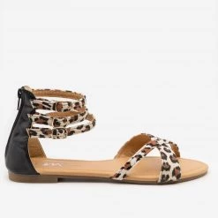 Anna Shoes Newest Arrivals Leopard Print Cuffed Ankle Sandals