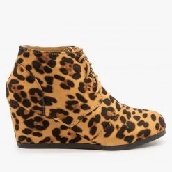 Lovmark Newest Arrivals Leopard Print Wedge Lace Up Booties