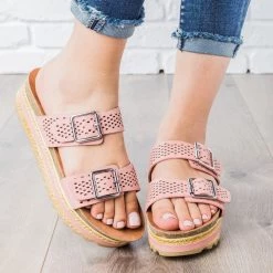 Bamboo Shoes Perforated Double Buckle Platform Slides Newest Arrivals