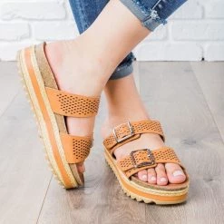 Bamboo Shoes Perforated Double Buckle Platform Slides Newest Arrivals