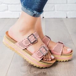 Bamboo Shoes Perforated Double Buckle Platform Slides Newest Arrivals
