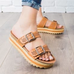 Bamboo Shoes Perforated Double Buckle Platform Slides Newest Arrivals