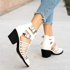 Qupid Shoes Newest Arrivals Pointed Buckle Caged Booties