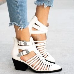 Qupid Shoes Newest Arrivals Pointed Buckle Caged Booties